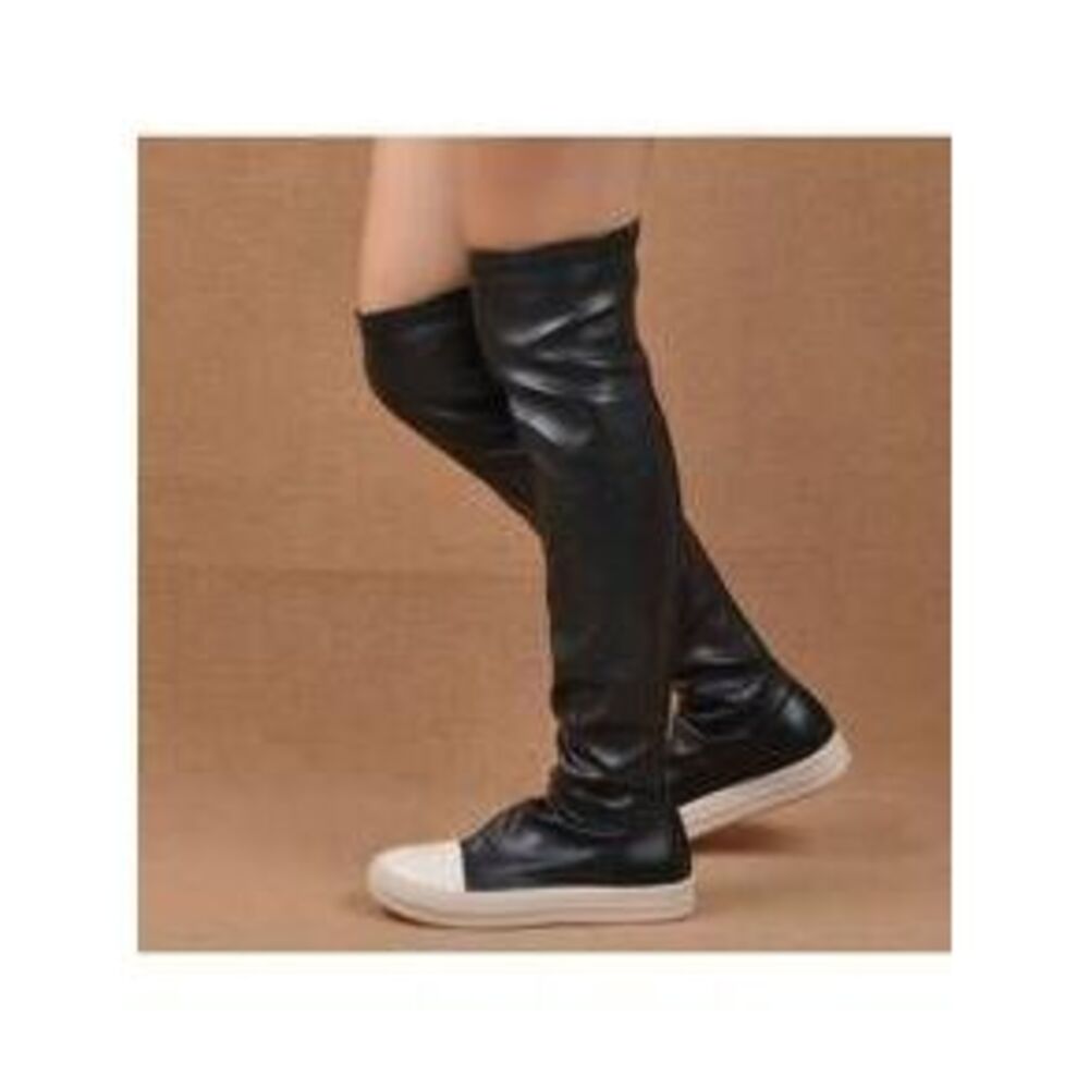 Women's Black Fashionable Elegant Round Toe Thick Bottom Over-The-Knee Elastic …